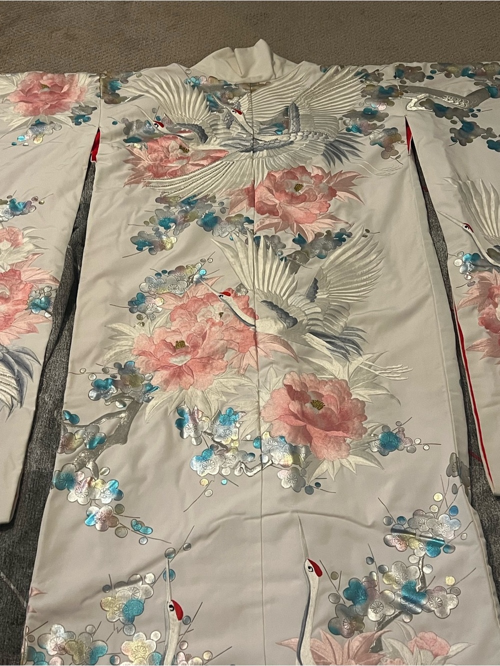 Japanese Women's Ivory Embroidered Crane & Peony Wedding Kimono